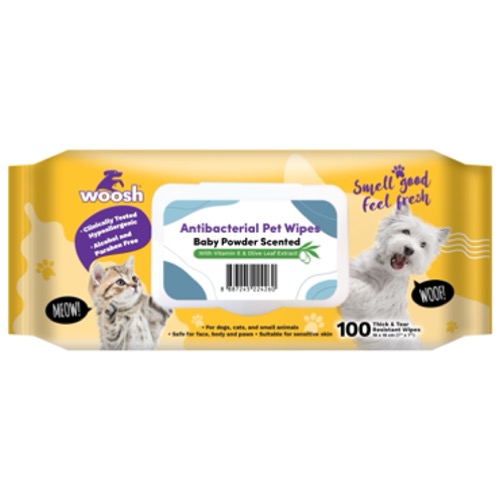 Woosh Antibacterial pet wipes with baby powder scent